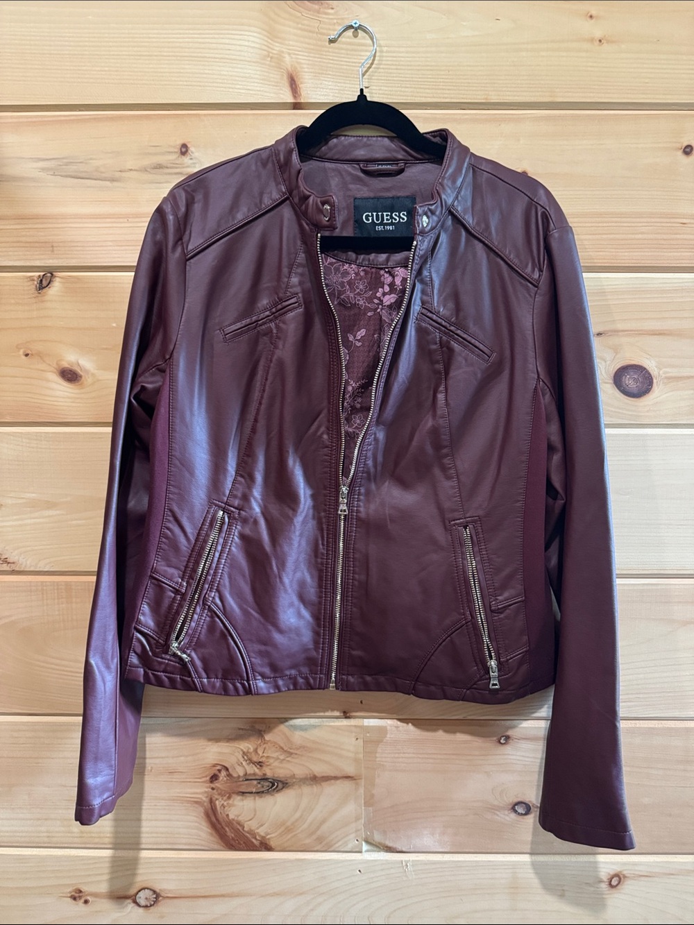 GUESS Women's Wine Faux Leather Moto Jacket